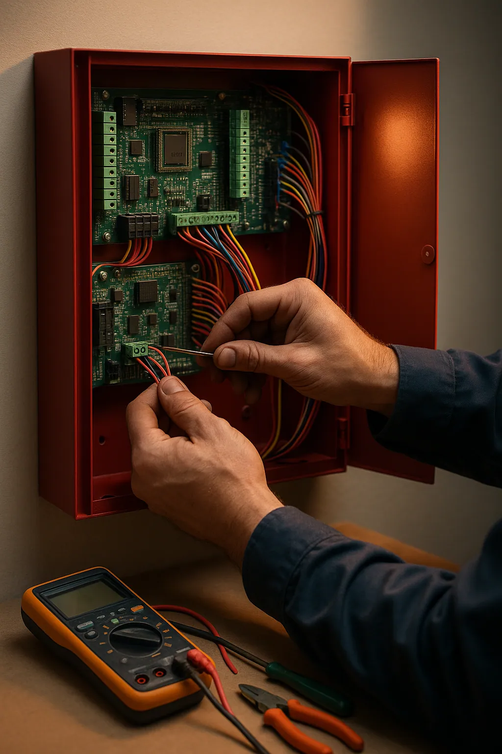 Chatman Security & Fire technician wiring a commercial fire alarm control panel